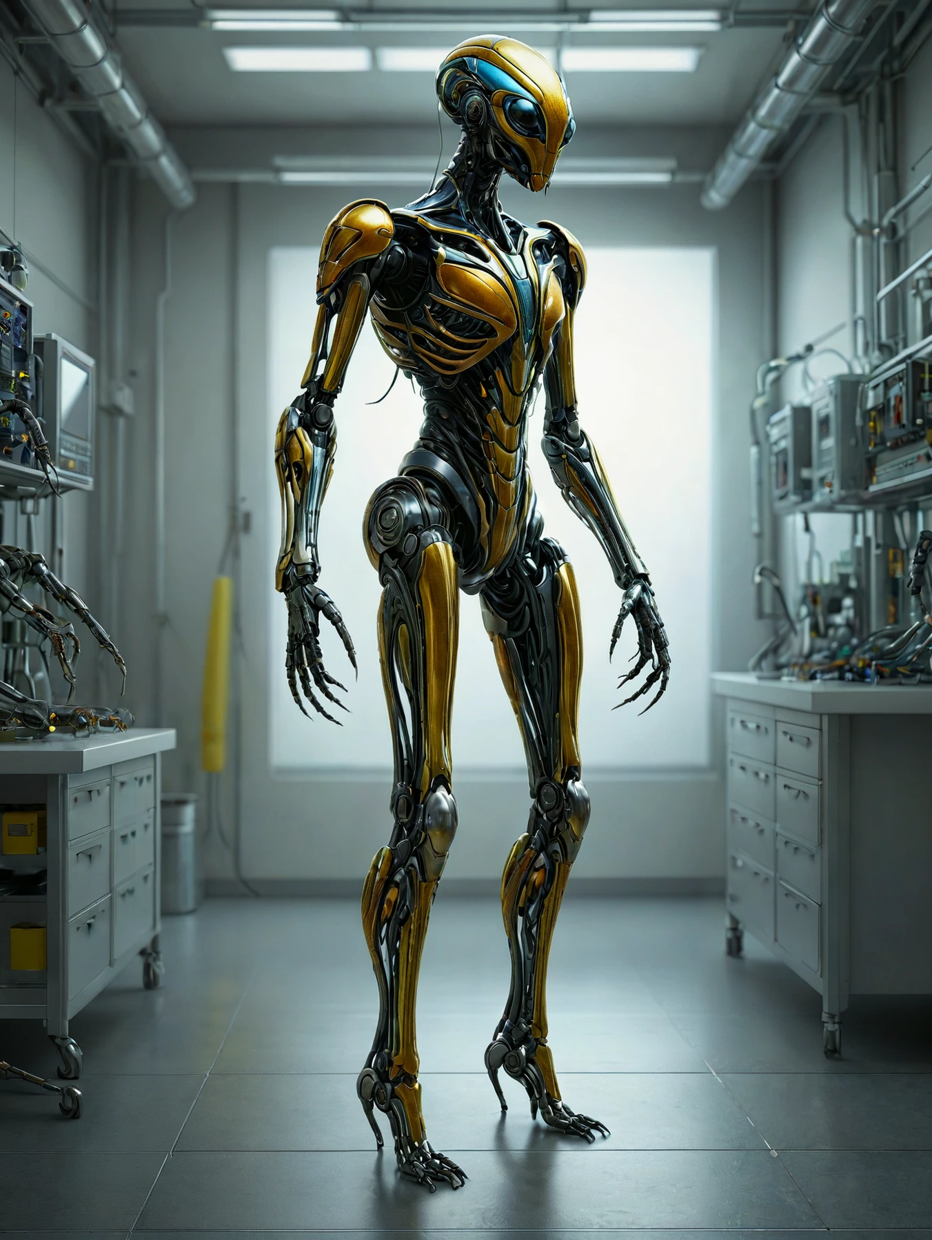 RAW photo, realistic, photorealistic,

Insectoid humanoid cyborg robot. 

In a laboratory. Shiny, chrome. Standing. Full body view.

<lora:Insectoid01_CE_SDXL:1> AluInsctCE