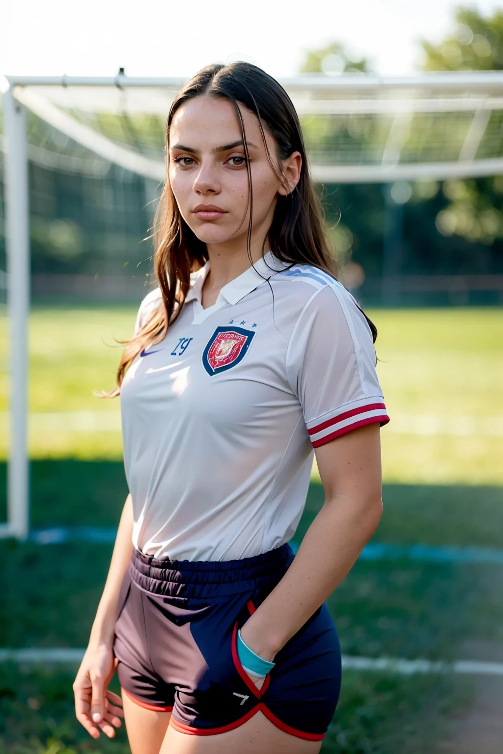 a photograph of (1girl, 19 years old, slight smile), <lora:ZH_DafneKeen_v1SD15:1>, zh_dafnekeen, solo, realistic, brown eyes, long hair,  looking at viewer,  wearing (soccer uniform, shorts),