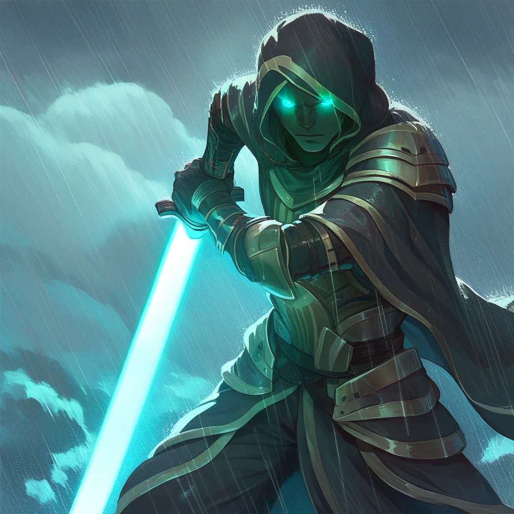 score_9, score_8_up, score_7_up,Onderon Guardian Armor, solo, 1boy, holding, male focus, weapon, sky, cloud, hood, sword, armor, glowing, glowing eyes, rain, energy sword, lightsaber, sensitive