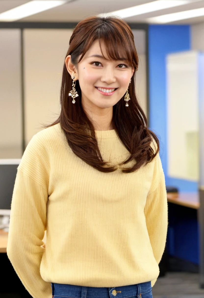 masterpiece, high detail,Saya Hiyama, wearing earrings, brown hair, colorful sweatshirt, blue jeans, standing in office room, news room   