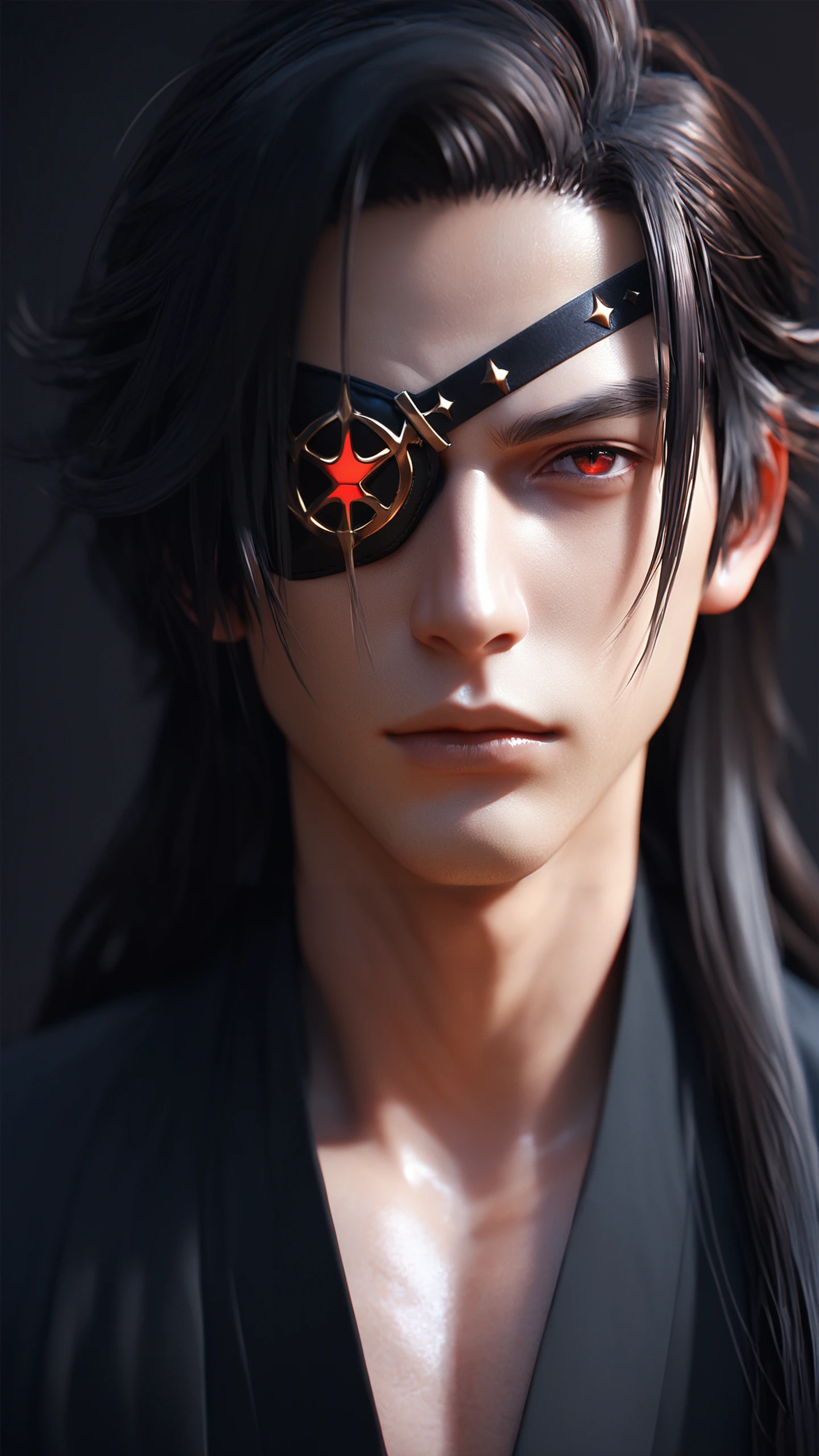 score_9, score_8_up, score_7_up, i want the whole image to be created in 3D anime style, solo, long hair, looking at viewer, simple background, black hair, red eyes, 1boy, closed mouth, upper body, male focus, lips, eyepatch, black background, portrait