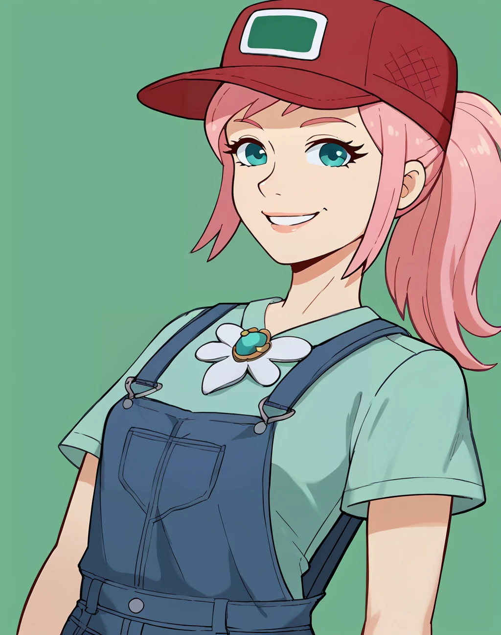 score_9, score_8_up, score_7_up, score_6_up, score_5_up, score_4_up, BREAK ,smile,looking at viewer,1girl,
edgSneed, solo, simple background, shirt, hat,  baseball cap, red headwear, green shirt, overalls, wearing edgSneed_outfit,
 <lora:edgSneedPony:0.9>
 <lora:felicia-fe-richy-v1_xl:1> feliciadef, ponytail, brooch,pink hair,aqua eyes