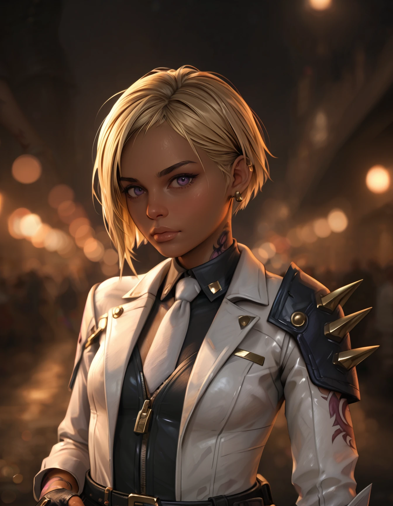 (embedding:Pony\Pony_PDXL_Negative_Embeddings\zPDXLrl),photorealism,upper body,portrait,dark background,1girl,black fingerless gloves,dark skin,white jacket,blonde hair,belt,short hair,black shorts,standing,looking at viewer,facing_to_the_side,white necktie,arm tattoo,shoulder spikes,black shirt,earrings,purple nails,leg tattoo,zipper,long sleeves,     <lora:MyTrainings\Temp\Mad_Maggie_Furious_Fatale_XL_Pony_ARZUMATA-000009.safetensors:0.5>