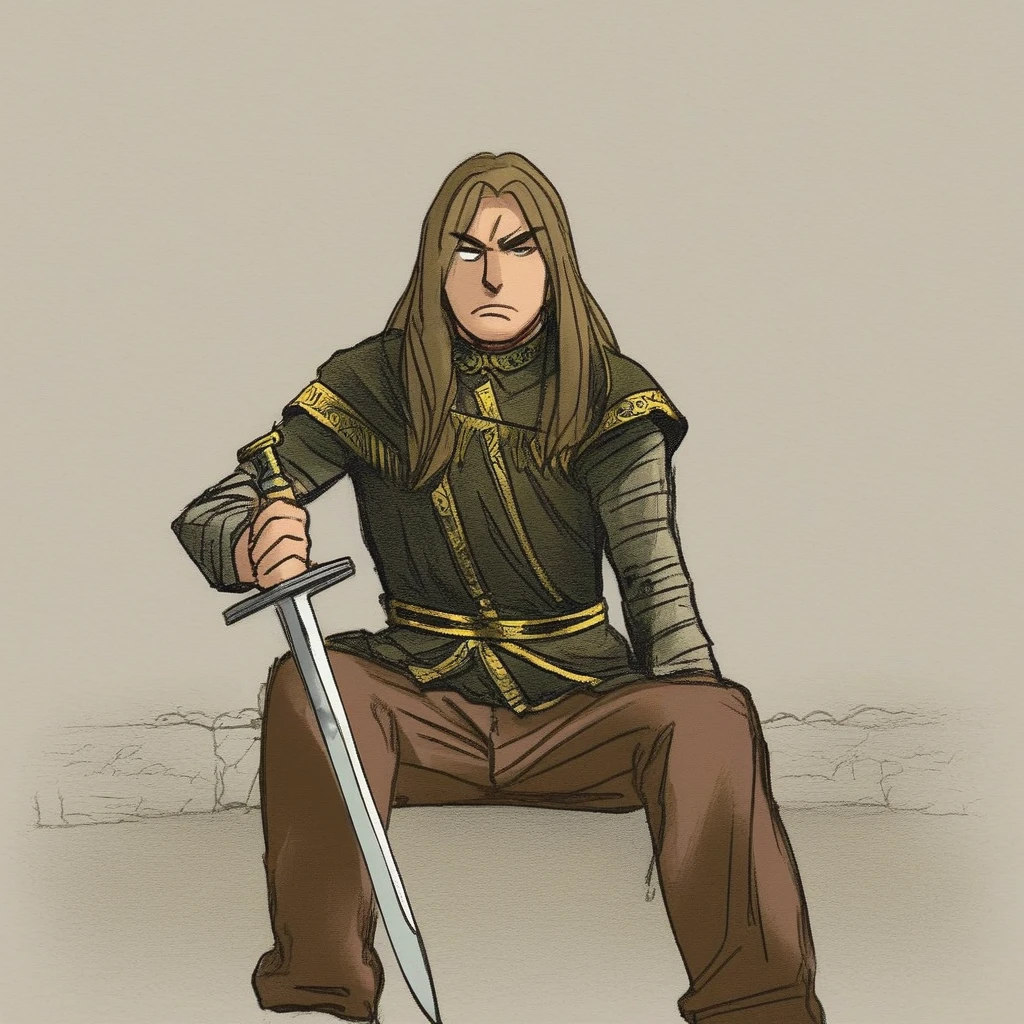 holding sword, 1boy, soldier, sitting, standing, pants, solo, jewelry, brown pants, long hair