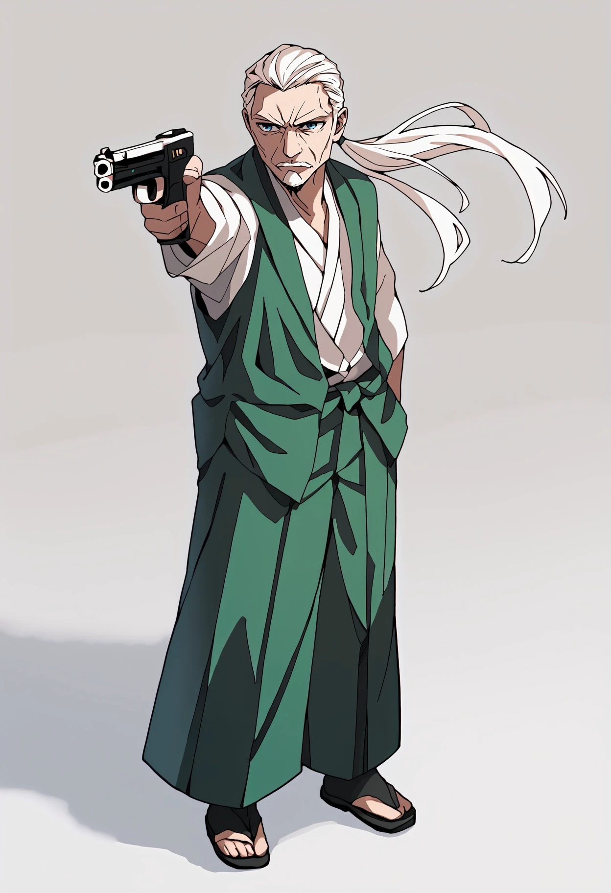 score_9,score_8_up,score_7_up, 
y0uki,1boy,facial hair,white hair,blue eyes,ponytail,
green vest,long sleeves,japanese clothes,green vest,hakama pants,white kimono,wide sleeves,
holding weapon, holding gun, handgun, hand in pocket, aiming, full body
<lora:konpaku_youki_v1:1> <lora:YusufDikecGunPose_pdxl_Incrs_v1:1>