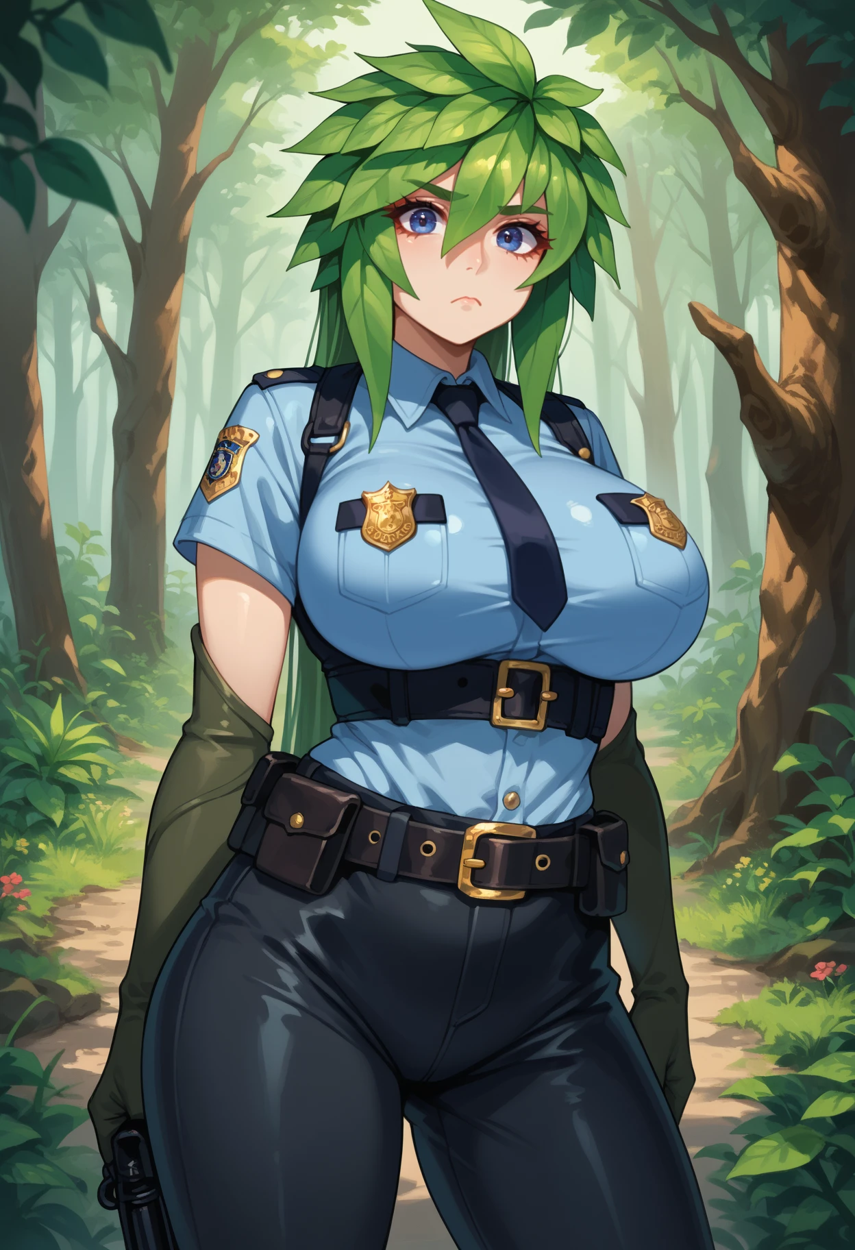 One Woman、Braided twin tails、Huge breasts、（Huge breasts：1.8)、Glasses、blue eyes、Green Hair、 My hair is messy, Black gloves, White socks, Police uniform, Black Skirt, Short sleeve, Cowboy Shot, salute, Put your hands on your hips,Thong underwear,String Panties,Pubic hair sticking out，Pubic hair sticking out，The nipples are erect,Nipples are erect， close your eyes, Tears in the eyes、Open your mouth, What saliva leaves behind, Wet skirt hem, Sticky panties, Bulging of the vibrator cord, Vibrator with Garters, （Daytime park background）,（Being watched by a lot of boys）,（Being watched by a lot of girls）、I can see her pussy,The vaginal opening is visible,The vagina is visible,The female shadow is visible
