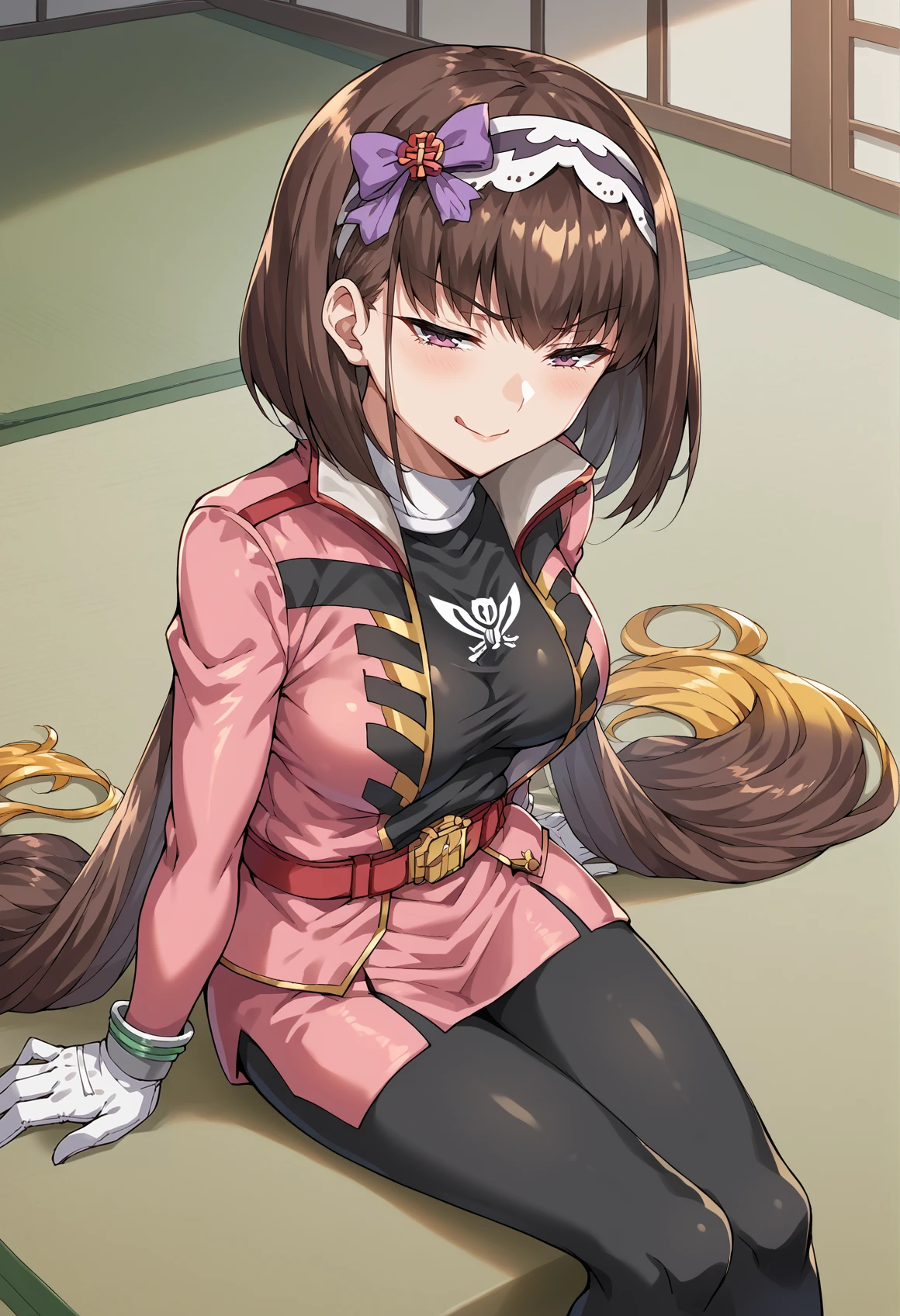 1girl, black bodysuit, bodysuit under clothes, white collar, white gloves, pink jacket, pink skirt, belt, bracelet, very long hair, multicolored hair, gradient hair, brown hair, blonde hair, purple eyes, low twintails, hairband,  smug, half-closed eyes, sitting, from above, kotatsu, under kotatsu, tatami, medium breasts <lora:Pirate_sentai:0.8> <lora:Osakabehime:1>, score_9, score_8_up, score_7_up, score_6_up, score_5_up, score_4_up, BREAK source_anime, masterpiece