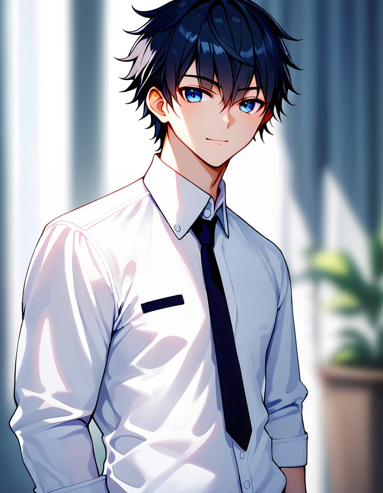 looking at viewer, smile, short hair, blue eyes, shirt, black hair, 1boy, hair between eyes, white shirt, upper body, male focus, parted lips, necktie, collared shirt, indoors, blurry, blurry background, curtains, black necktie, pocket, breast pocket,