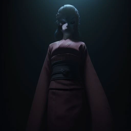 high res, good quality, accurate face, ((high resolution:1.2), (hi-res:1.2), masterpiece, best quality),  easynegative, ng_deepnegative_v1_75t, bad-picture-chill-75v, The Lady, video game character, Little Nightmares, Red kimono , porcelain mask , Taller woman, in a dark room,