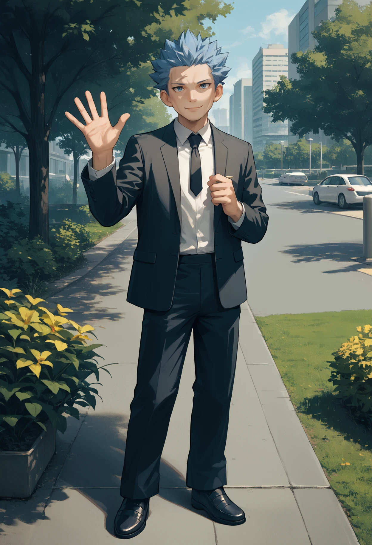 score_9, score_8_up,score_7_up, source_anime, 1boy, solo, akagi,
short hair, blue hair, blue eyes,
business suit, black jacket, white shirt, black necktie, black pants, shoes, black footwear, 
outdoors, park, hand up, waving, smile, 
 <lora:cyrs_pdxl_EliPot:1>