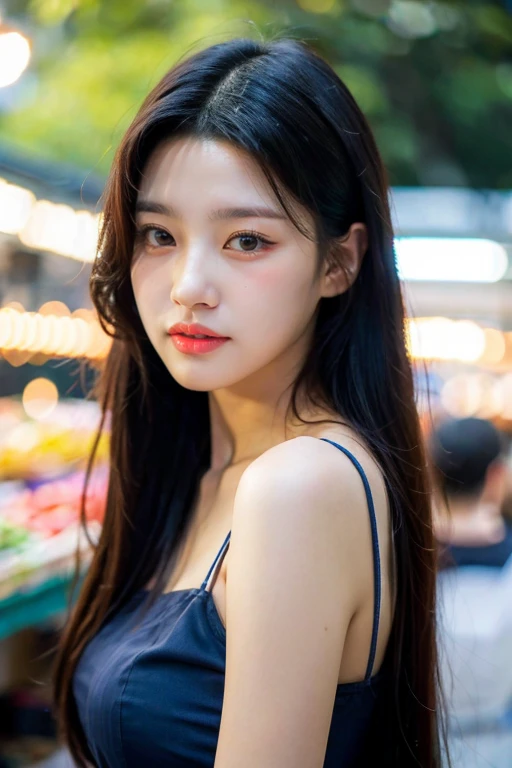 masterpiece, best quality, ultra-detailed, ultra high res, (photorealistic:1.4), raw photo, (realistic:0.2), 8k HDR, realistic cool temperature lighting, 1girl, solo, asymmetrical hair, outdoor, (traditional market:1.2), bokeh, (detailed lips), (detailed pores), (detailed skin textures), (detailed face:1.2), (body:1.2), a woman in a sundress, promotional image, a character portrait,