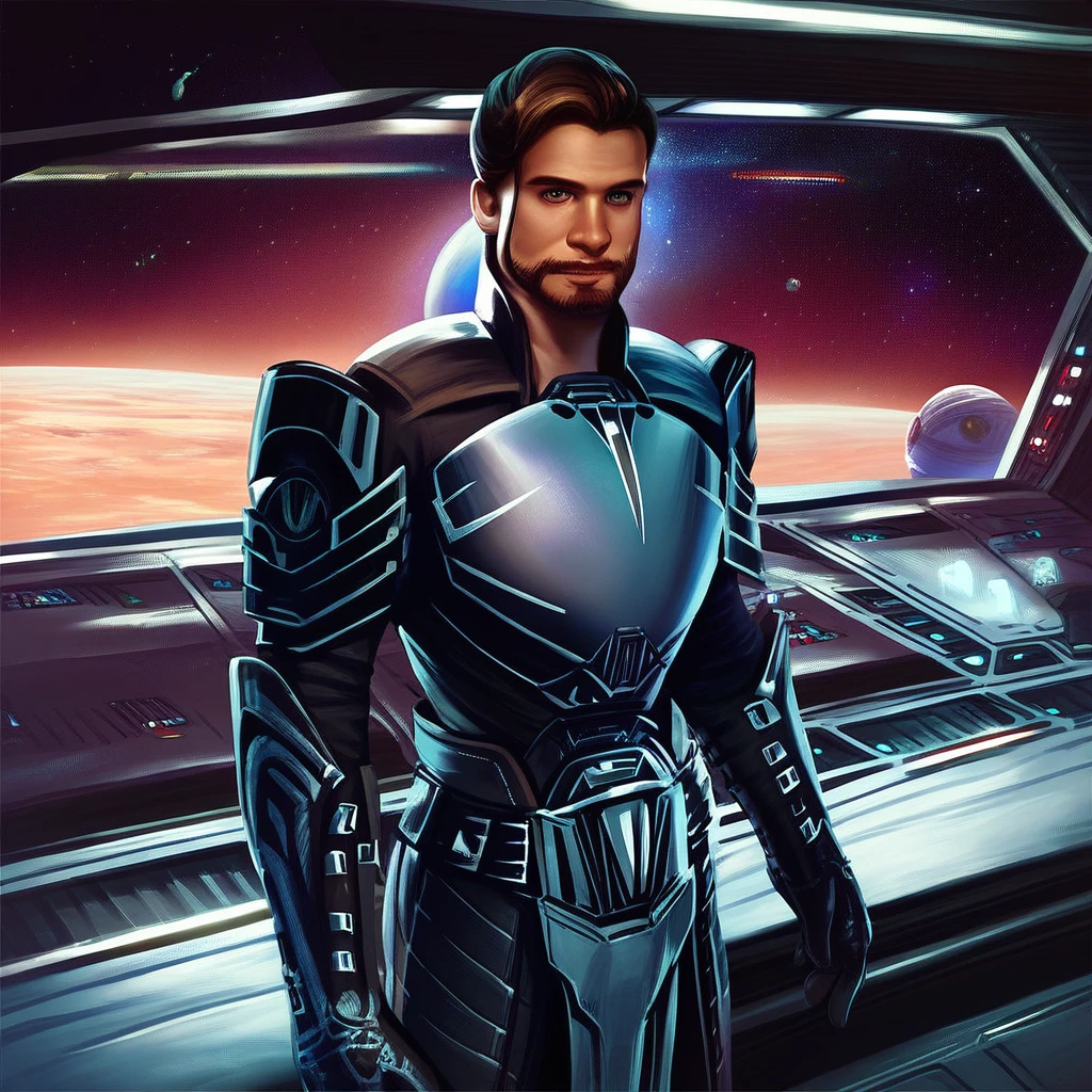 score_9, score_8_up, score_7_up, Resilient-Warden, Star Wars, solo, looking at viewer, brown hair, 1boy, male focus, armor, facial hair, science fiction, realistic, space, power armor, spacecraft, sensitive