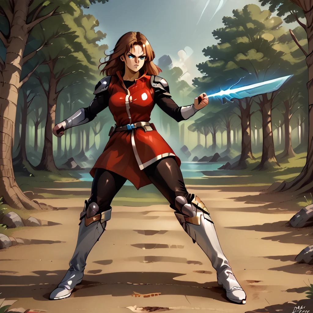 Alys Brangwin, action pose, holding a weapon, from behind, forest, <lora:Alys_Brangwin_Phantasy_Star_4:1>