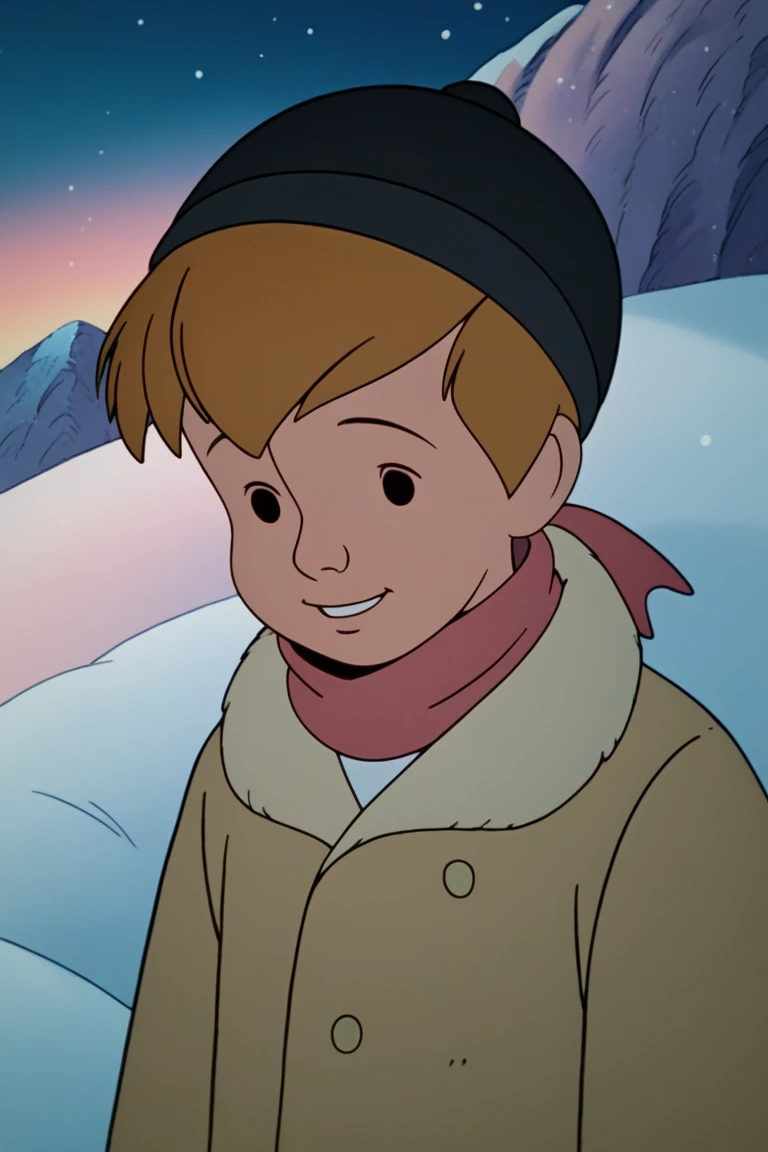 score_9, score_8_up, score_7_up, score_6_up, masterpiece, best quality, amazing quality, best aesthetic, absurdres, intricate details, cute face, source_anime, male focus, christopher_robin_retro, brown hair, black eyes, retro style, solo, 1boy, male focus, snow, hat, scarf, mittens, snowing, winter clothes, coat, smile, mountain, outdoors, blonde hair, upper body, gloves<lora:EMS-443857-EMS:1.000000>