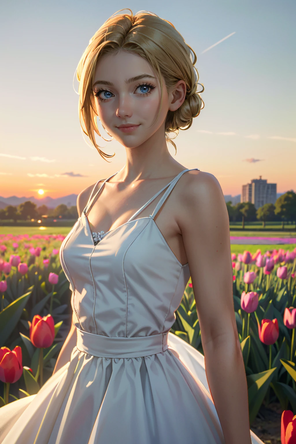 ((ultra detailed, masterpiece, absurdres))
<lora:UncElena:0.8>
UncElena, 1girl, blonde hair, blue eyes, looking at viewer, in a field of tulips, golden hour, elegant dress, smiling