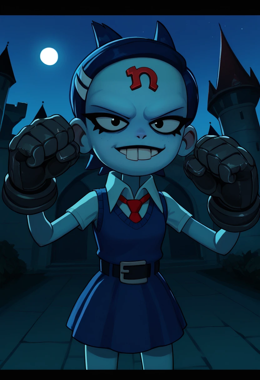 score_9,score_8_up,score_7_up,score_6_up,
ninacortexxl,black eyes,forehead jewel,buck teeth,short blue hair,white hairclip,evil smile,clenched hands,
blue sweater vest,tie,white collared shirt,short sleeves,skirt,
standing,
evil castle,night,metal gloves,
outdoors,<lora:NinaCortexXL:0.9>,