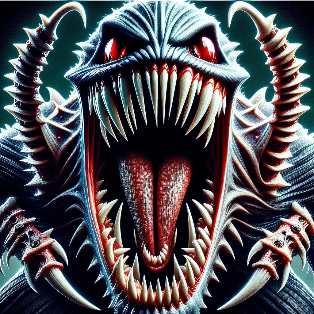 teeth monster, male focus, no humans, sharp teeth, open mouth, teeth, weapon, red eyes, solo, tentacles, fangs, claws,