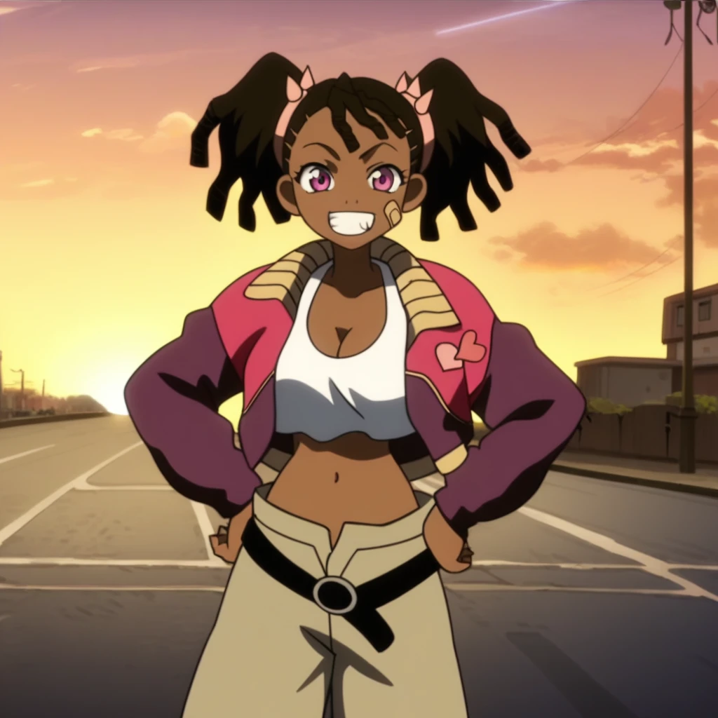 Score_9, score_8_up, score_7_up, score_6_up, score_5_up, score_4_up, 1girl, solo, Miyuki Ayukawa, Human Female, Dark-skinned female, Magenta Eyes, Dreadlocks Hair, Twintails, Pink Ribbon Hairties, Left Cheek Bandaid, Dark Purple & Magenta Jacket, Heart Decal, White Short-cropped Tank Top, Beige Pants, Black Belt, sunset, cleavage, large breasts, midriff, navel, grin, anime_screencap, Anime_Design, looking at viewer, streets, hands on hips