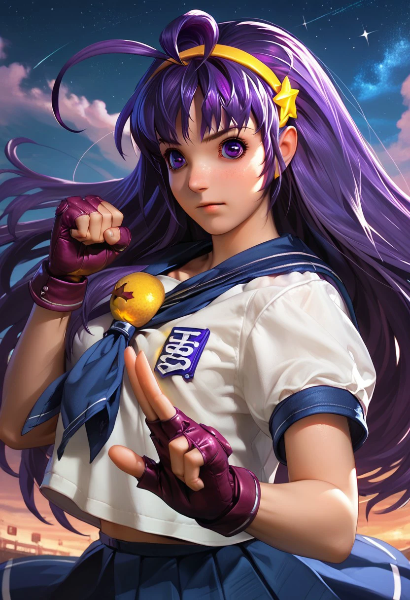 score_9_up, score_8_up, score_7_up, extreamly detailed, beautiful detailed face, complex detailed background, completely clothes, 1girl, BREAK, 
ATHENA ASAMIYA, ATHENA ASAMIYA STUDENT UNIFROM, 1girl, solo, long hair, skirt, hair ornament, gloves, school uniform, purple eyes, purple hair, ahoge, hairband, serafuku, socks, fingerless gloves, star \(symbol\), star hair ornament, fighting stance