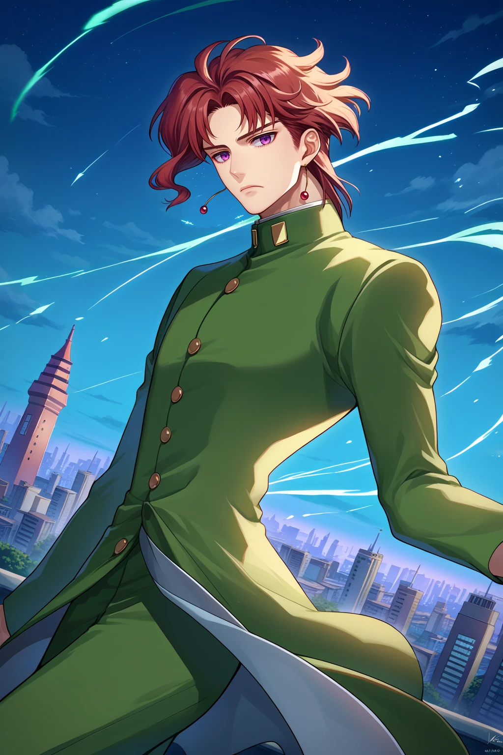 score_9, score_7_up, source_anime, dutch angle, serious, 1boy, kkn, purple eyes, short hair, cherry earrings, green gakuran, buttons, long sleeves, green pants, brown footwear, pose, outdoors, wind, night, skyline, tower, <lora:Hoseki_JoJosBizarreAdventure_KakyoinNoriaki_PDXL_v1:1>