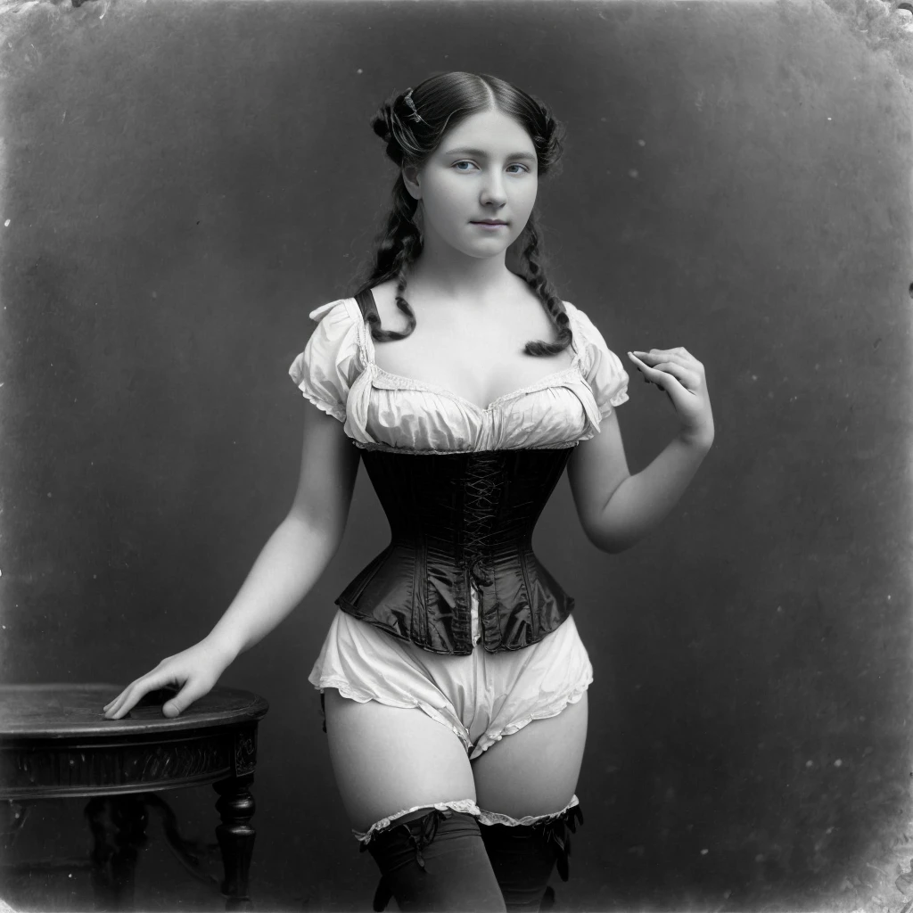 <lora:vog:1> 1875 vintage photo of a (young woman with medium breasts and long hair)wearing VOG, tack sharp, BW photo, masterpiece