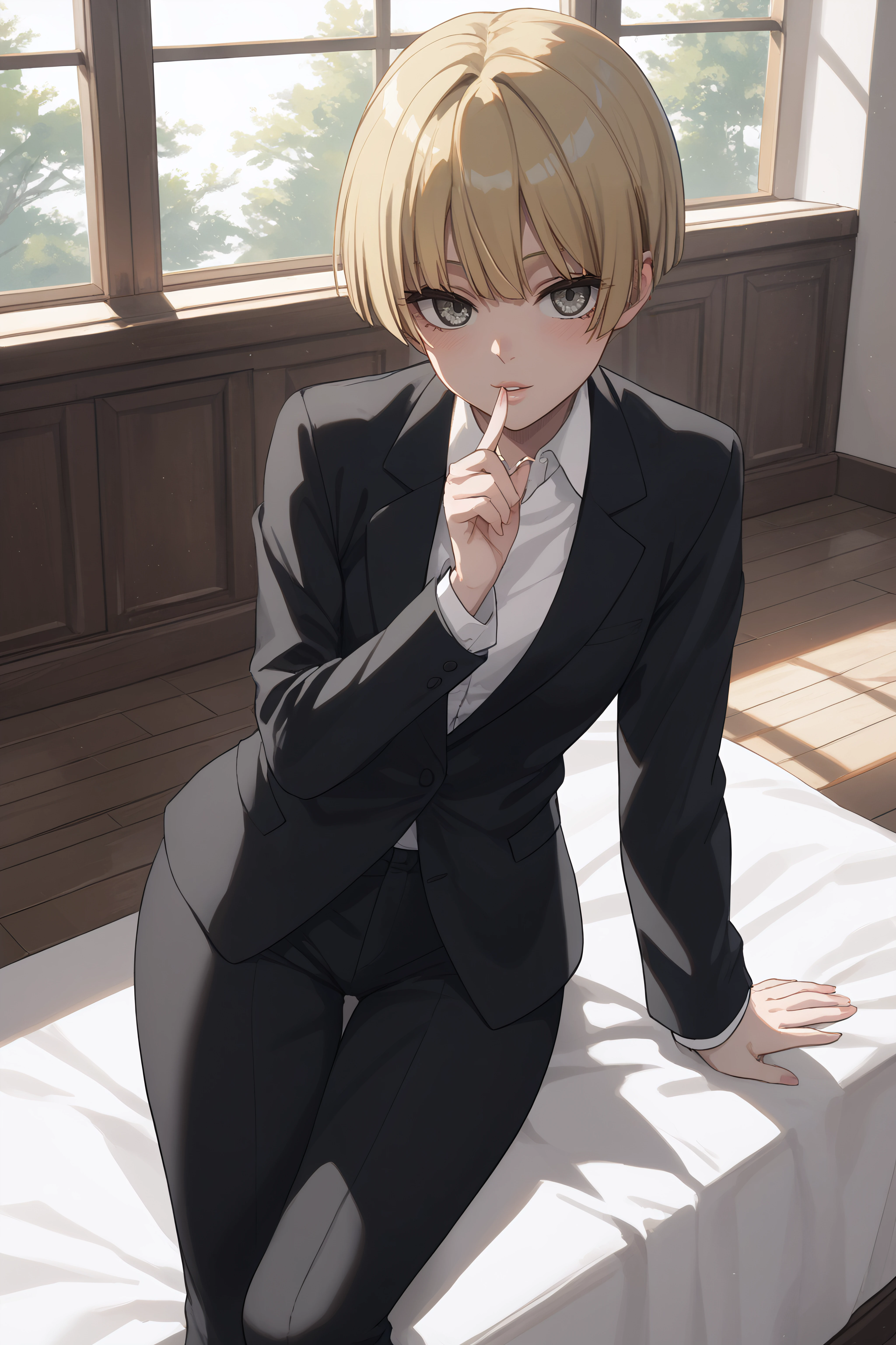 score_9, score_8_up, score_7_up, BREAK source_anime, <lora:Yelena-PonyXL-lora-Faxtron:0.8> yelena, grey eyes, blonde hair, white shirt, black suit, long sleeves,