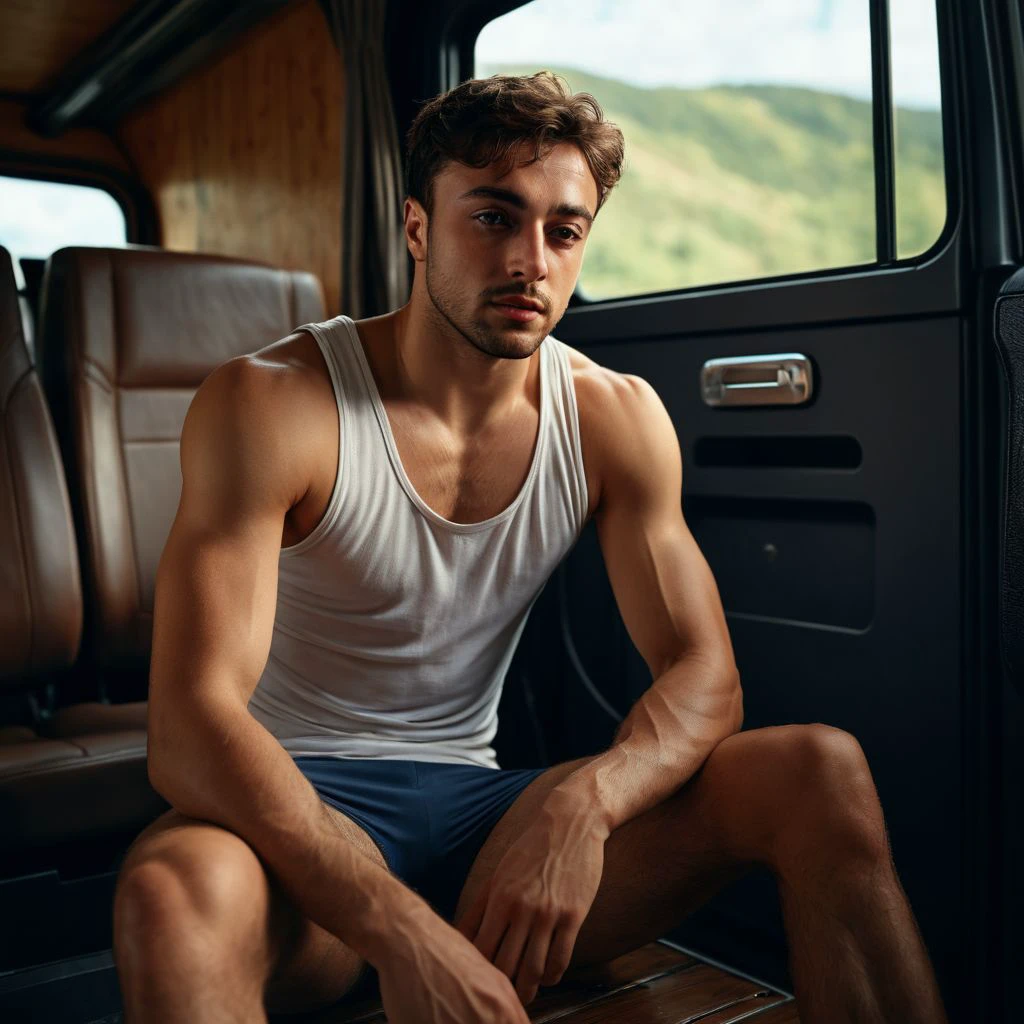 low camera shot, jules bouyer a man  <lora:Jules-Bouyer-000001:1> , rugged,detailed face, sitting legs crossed inside cabin lorry, legs dangling, wearing tank top, sunlight, barefoot, masterpiece,8k,depth of field, bokeh, detailed,sharp focus,,elegant, cinematic lighting, ,photorealistic, taken using a Leica SL2 & the APO-Summicron-SL 28 f/2 ASPH lens, shutter speed 1/200s, ISO 100 and natural light, Hyper Realistic Photography, Cinematic, Cinema, Hyperdetail, UHD, Color Correction, hdr, color grading, hyper realistic CG animation ((remarkable color)), (ultra realistic), textured skin, remarkable detailed pupils, ((realistic dull skin noise)), ((visible skin detail)), ((skin fuzz)), shot with cinematic camera, 3D render, ((hyper realism)), sharp focus, cinematic lighting, photo realistic, hyper realistic. 4k, natural, global illumination, caustics, ratytracing, Unreal Engine, highly detailed, High dynamic range, vivid, rich details, clear shadows and highlights, realistic, intense, enhanced contrast, highly detailed <lora:add-detail-xl:1>