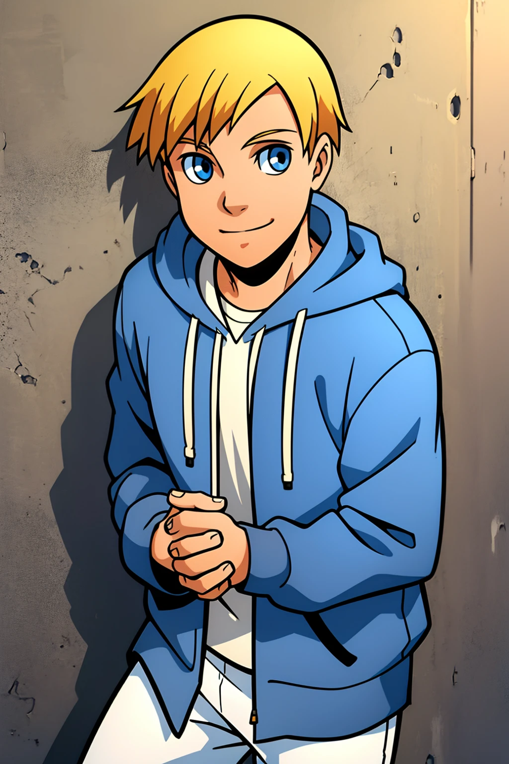 alex,1boy,solo,male focus,blonde hair,short hair,blue eyes,smile,looking at viewer,blue hoodie,long slevless,white pants,masterpiece,best quality