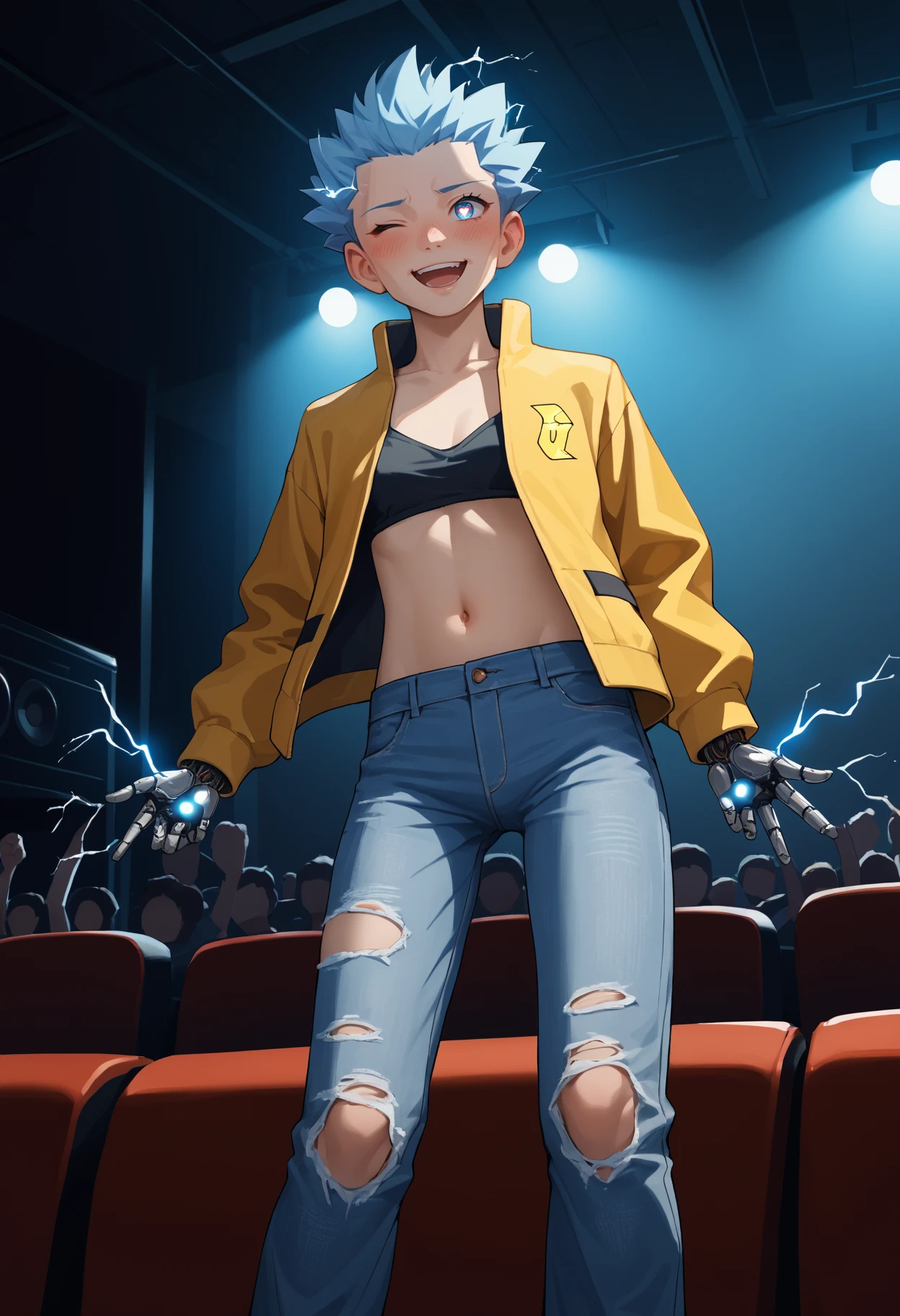 score_9, score_8_up,score_7_up, source_anime, 1boy, solo, akagi,
short hair, blue hair, blue eyes, no eyebrows,
electrokinesis, electricity, mechanical gloves, black and yellow cyberpunk jacket, asymmetrical pants jeans, midrif, lowleg pants, single bare leg, bikini_top_only, glowing eyes, glowing hair strands, cybernetics, technomancer, navel, torn jeans, open jacket,
heart-shaped pupils, open mouth, open mouth, happy , smile, moaning, one eye closed, full-face blush,
in a stage, speakers, theater, stage lights,  audience silhouettes , public, multiple others,  exhibitionism,
<lora:cyrs_pdxl_EliPot:1>