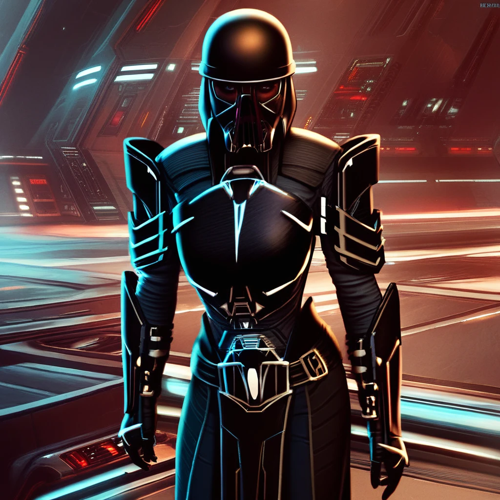 score_9, score_8_up, score_7_up, Resilient-Warden, Star Wars, solo focus, 1girl, standing, armor, helmet, gauntlets, science fiction, cyberpunk, general