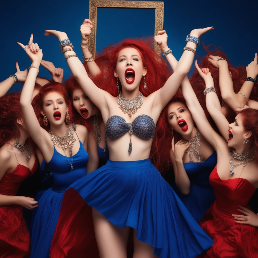 open mouth, blue skirt, topless, jewelry, hairband, multiple girls, red lips, arms up, dress, red hair