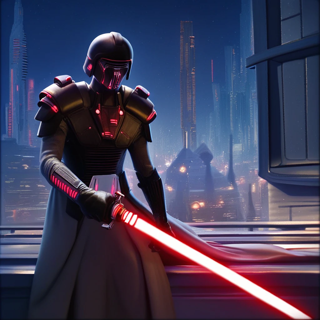 score_9, score_8_up, score_7_up, Iokath-Annhilator, Star Wars, solo, 1boy, gloves, male focus, weapon, sword, armor, night, glowing, helmet, building, science fiction, city, realistic, energy sword, cyberpunk, lightsaber, sensitive