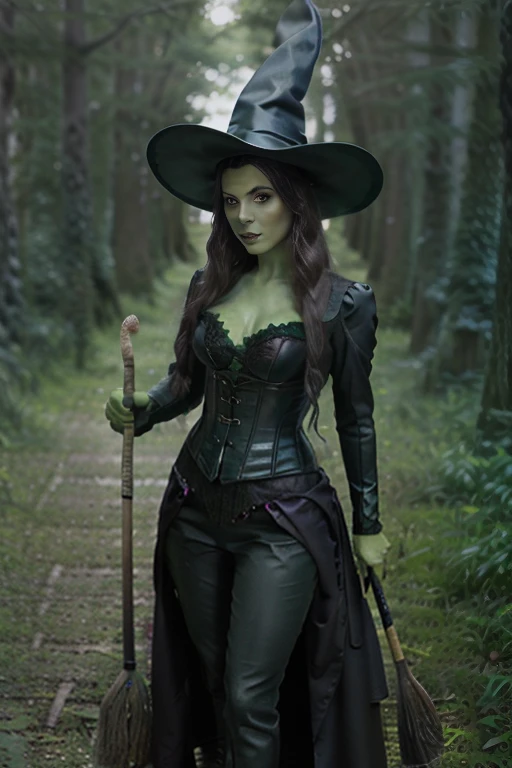 Elphaba, 1girl, green_skin, black_hair, sexy, in an enchanted forest, holding a broom stick