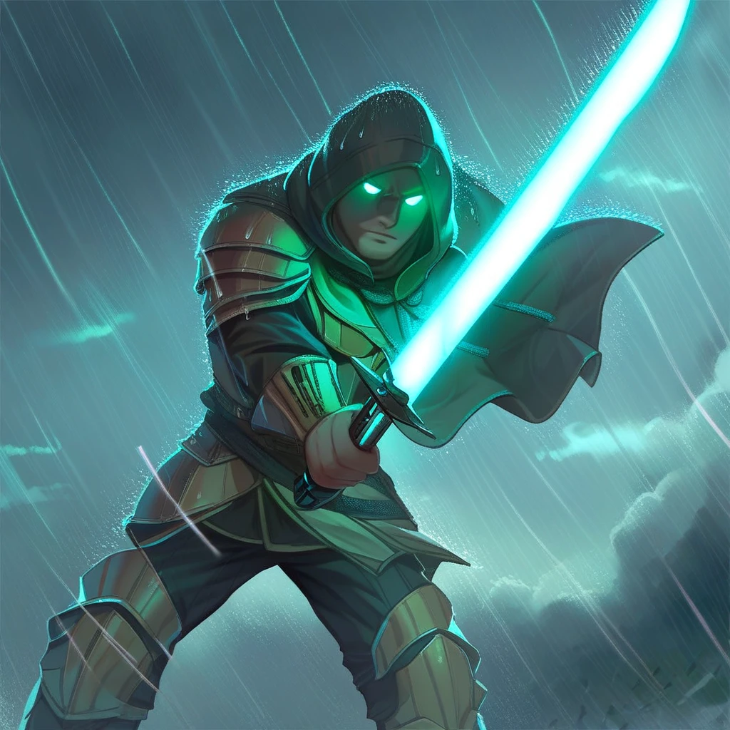 score_9, score_8_up, score_7_up,Onderon Guardian Armor, solo, 1boy, holding, male focus, weapon, sky, cloud, hood, sword, armor, glowing, glowing eyes, rain, energy sword, lightsaber, sensitive