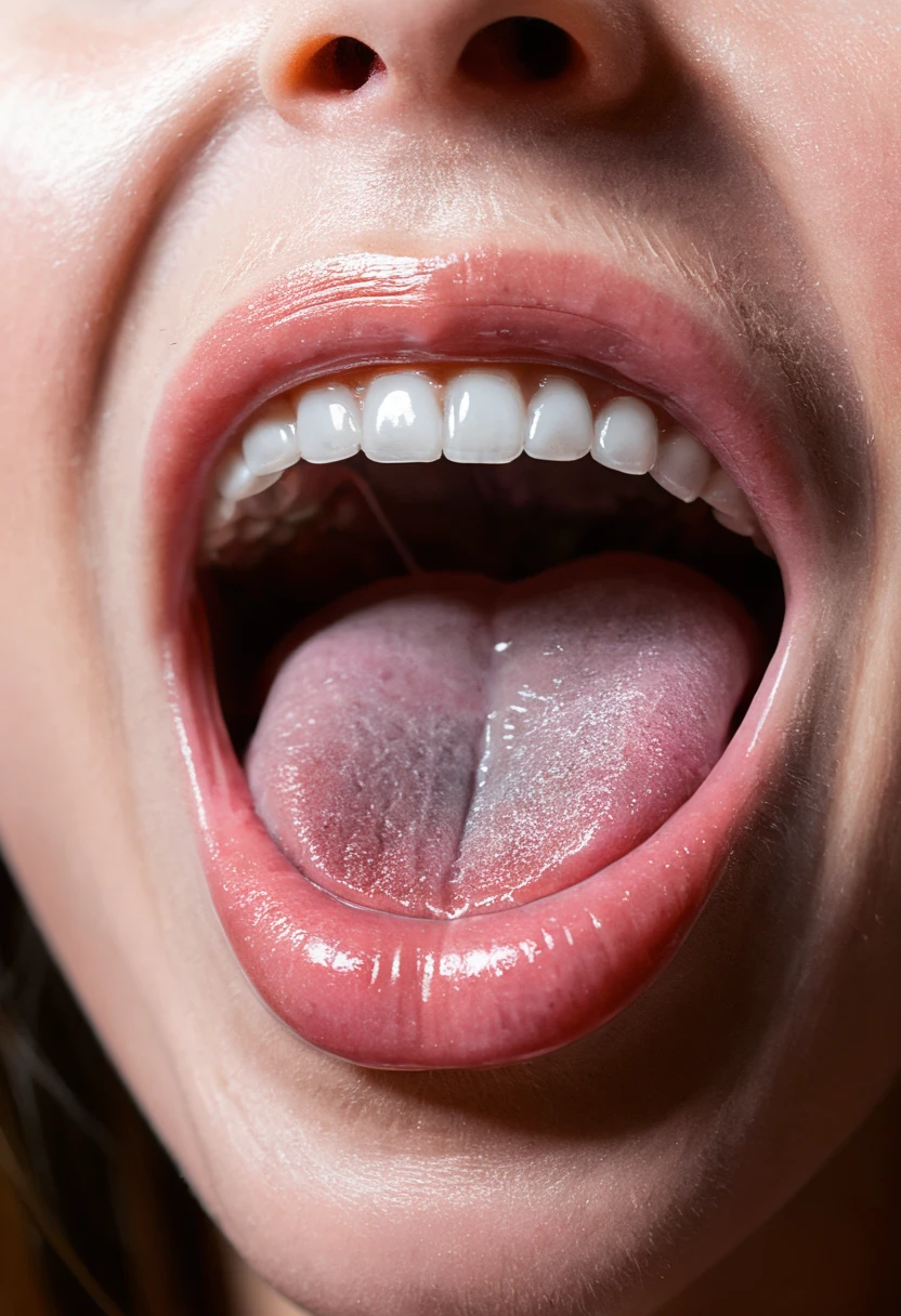 professional medical photography, (bright lit uvula, mucuous mouth interior), brightly lit mouth interior, tongue out, realist skin, utra-realism, 1girl, translucence, ((extreme close-up)), (diffuse lighting:1.5)