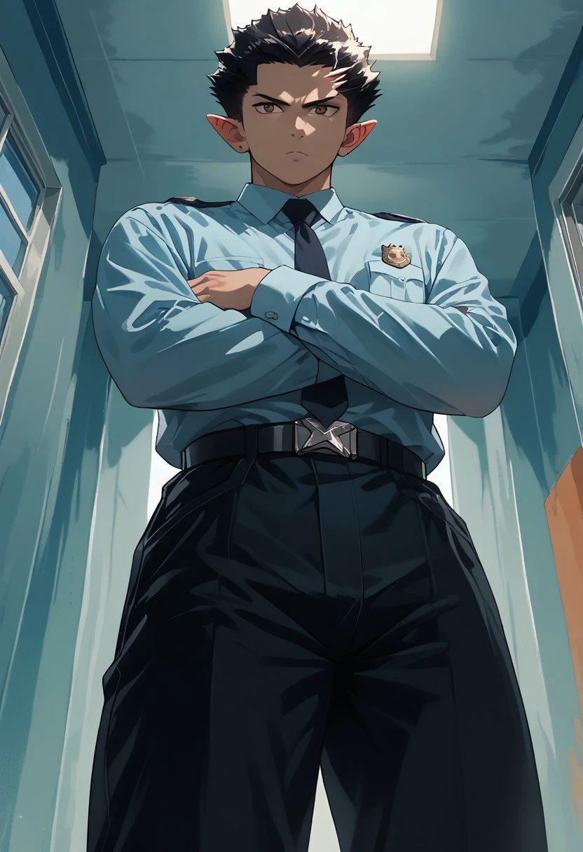 score_9, score_8_up, score_7_up, source_anime, rating_safe, crossed arms, Goylad, 1boy, male focus, dress shirt, pants, police uniform, serious, hands with five fingers, cut off legs, from below, oversized thighs,