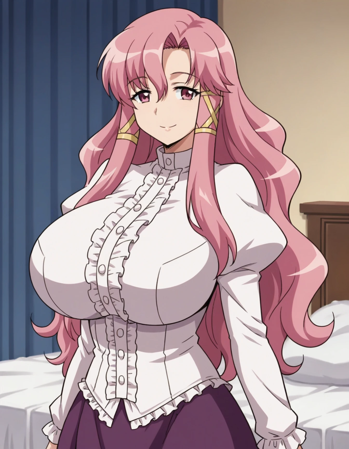 score_9, source_anime, anime colouring, anime screencap, cattleya de la fontaine, pink hair, pink eyes, hair intakes, wavy hair, long hair, sidelocks, long sidelocks, yellow sidelock bands, 1girl, solo, smile, (huge breasts), frills, long sleeves, puffy sleeves, frilled shirt, white shirt, purple skirt, long skirt, bedroom, upper body, looking at viewer 