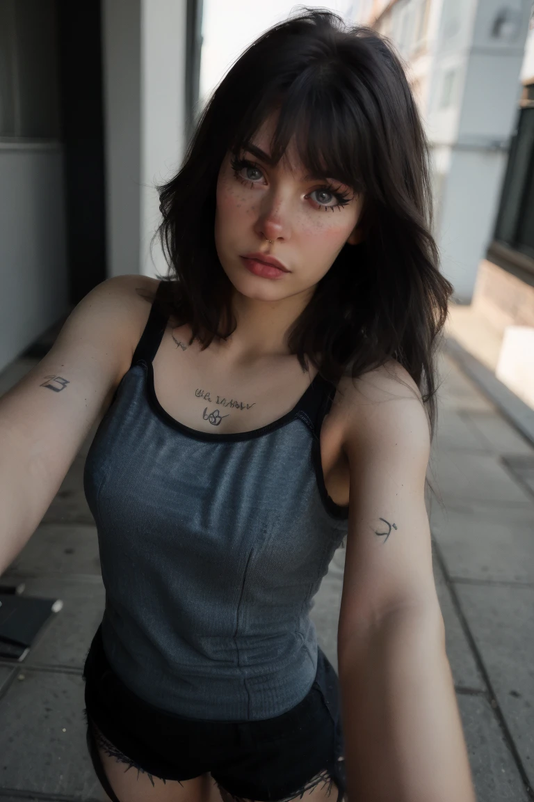 Editorial Photography, Photography, Portrait, DSLR, F/2.8, (High quality), (masterpiece),(selfie, pov), (standing, posing), (detailed), 8K, Milkgore, (outside,norway street, grey day, cold), (black tank top,denim shorts), [black hair, bangs] <lora:Milkgorev4:0.95> <lora:style_lora_r51_update_out:0.45>