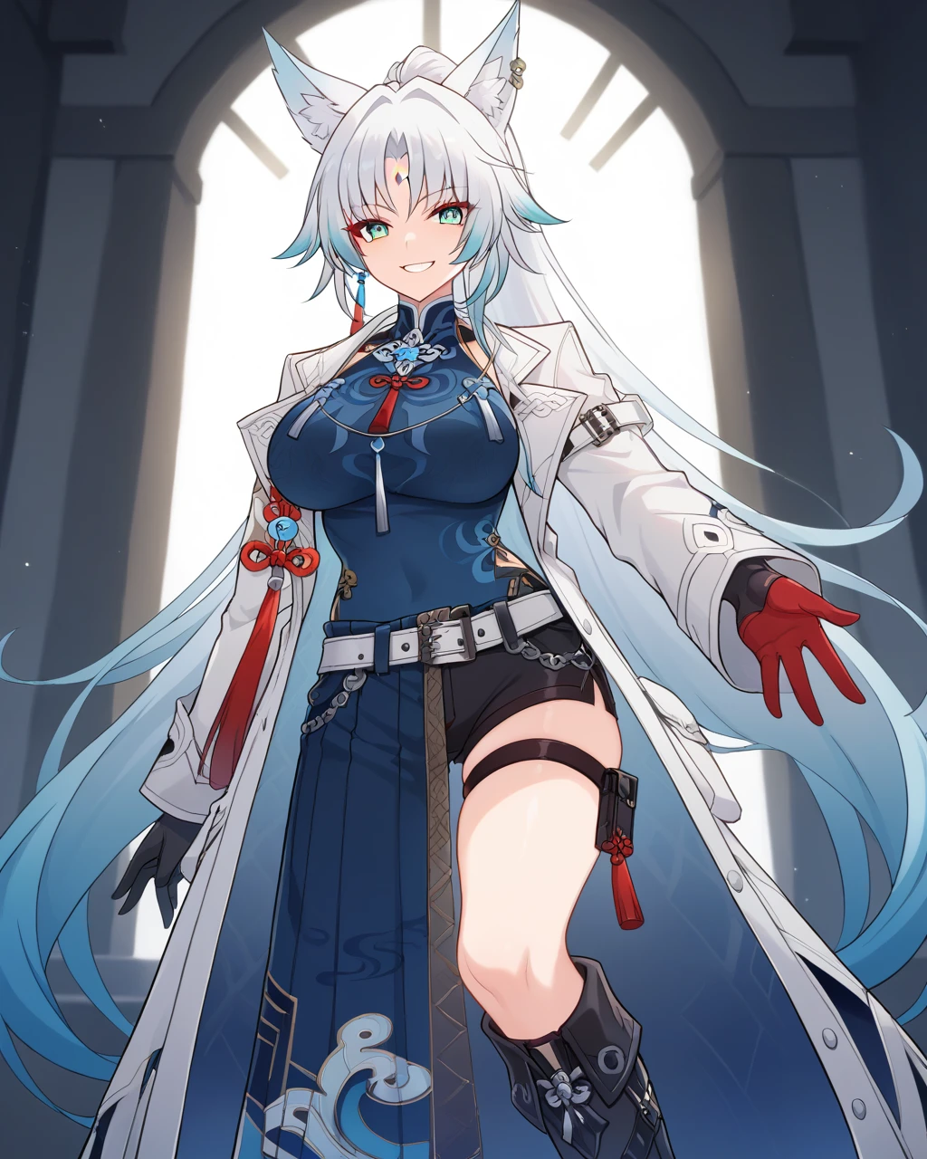 score_9, score_8_up, score_7_up, <lora:SH_HSR_Feixiao_Civ-000006:0.7>, SH_HSR_Feixiao, Feixiao, 1girl, evil grin, looking at viewer, red eyeliner, makeup, forehead mark,white hair, very long hair, gradient hair, blue hair tips, ponytail, aquamarine eyes, animal ears, white coat,open coat,long sleeves,belt,open clothes, big breasts, dress, black shorts, bangs, knee boots, thigh strap, parted bangs, black footwear, tassel, blue dress, tassel earrings, blue shirt,gloves,red fingers, chinese clothes