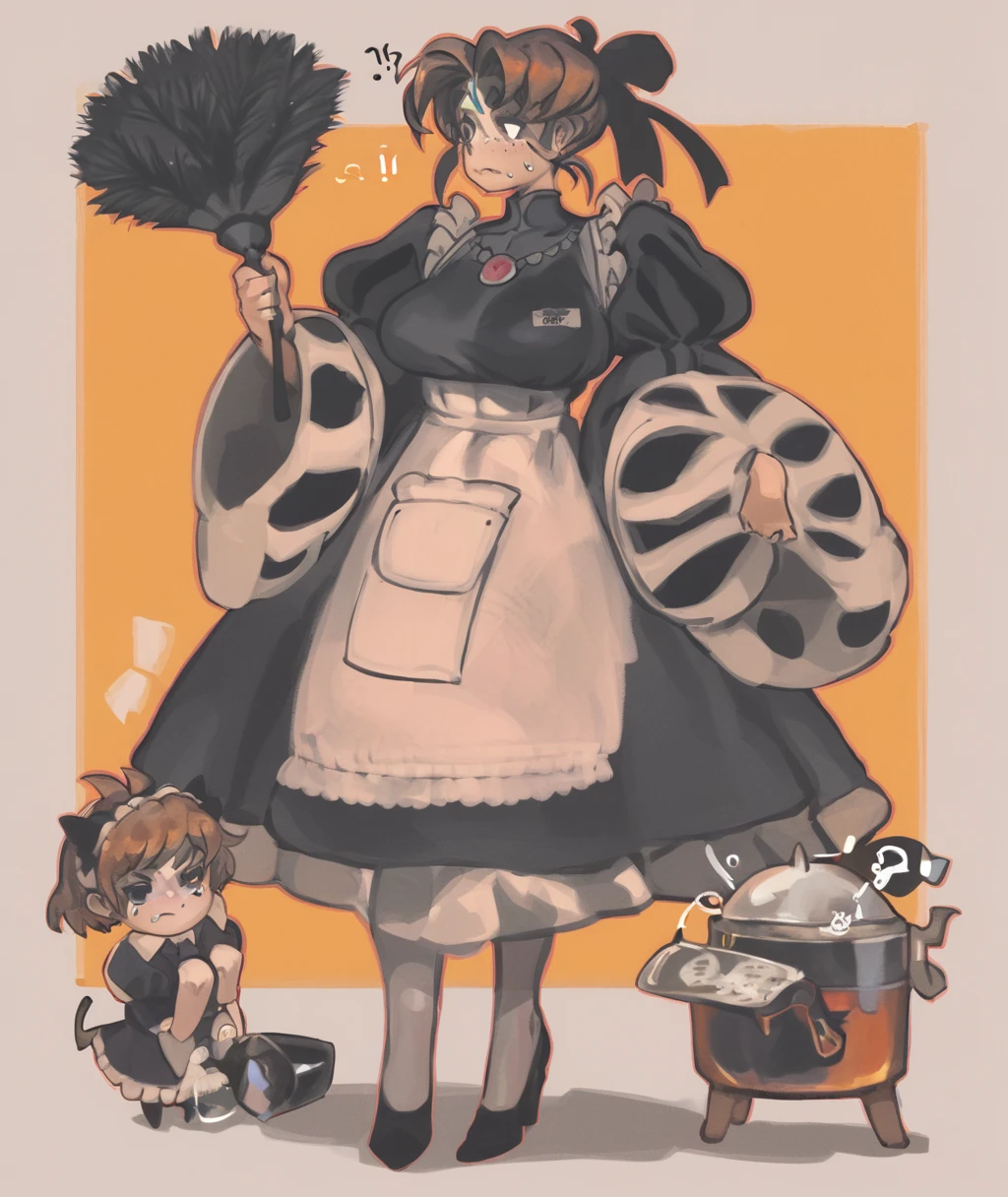 score_9, score_8_up. score_7_up, <lora:keziedra:1>, keziedra, score_9, keziedra, multiple girls, 2girls, duster, maid apron, orange background, large breasts, brown hair, high heels, maid headdress, wide sleeves, simple background, black dress, pantyhose, facial mark, black footwear, ?, holding