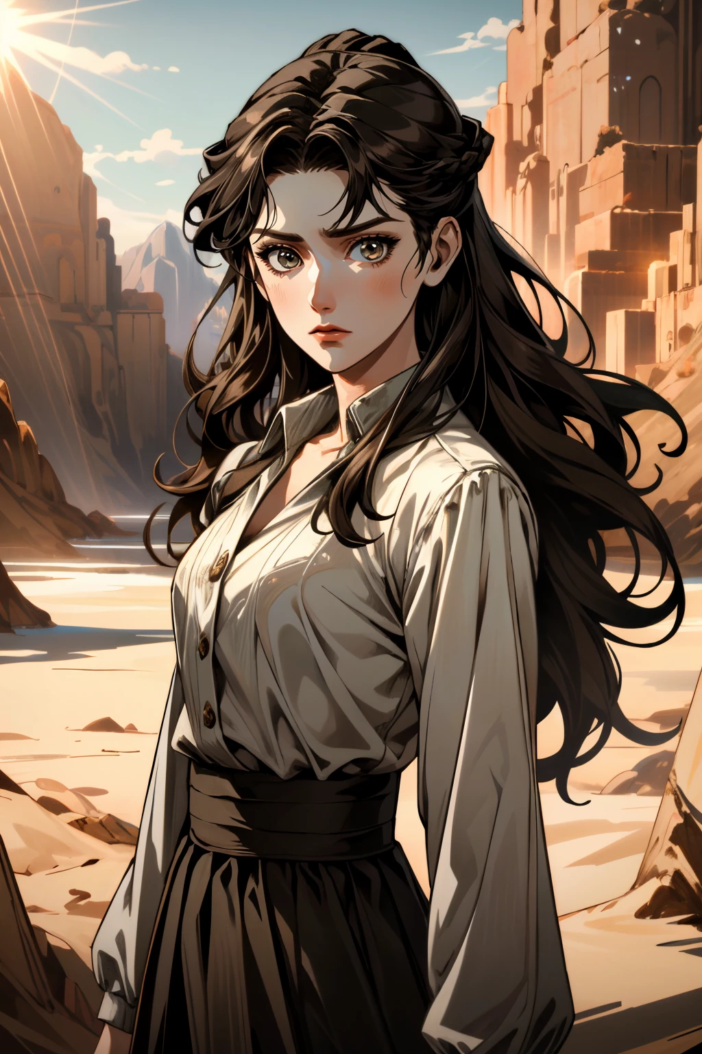 ((ultra detailed, masterpiece, absurdres))
 <lora:GOTMira:0.8>
GOTMira, 1girl, brown hair, long hair, looking at viewer, desert, noon, intense and shimmering sunlight