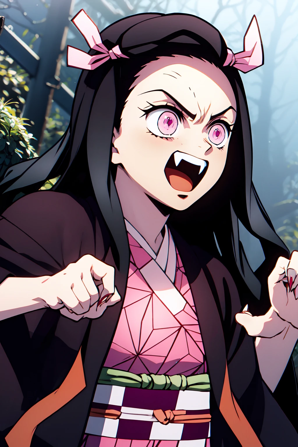 <lora:NezukoKamado-10:1> NezukoDem, kamado nezuko, 1girl, black hair, very long hair, angry, veins, sharp fingernails, pink eyes, 1girl, haori, black haori, pink kimono, hair ribbon, pink ribbon, checkered sash, obi, 
paw pose, upper body, light smile, open mouth,  mossy coniferous forest,, masterpiece, best quality, highres,