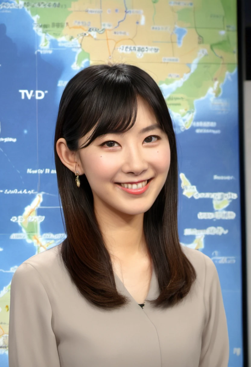 Photorealism masterpiece, high detail,Saya Hiyama woman, smiling, japanese, asian woman, black hair, weather reporter, weather map of Japan in background, TV studio, weather news  , Photorealism, often for highly detailed representation, photographic accuracy, or visual illusion.