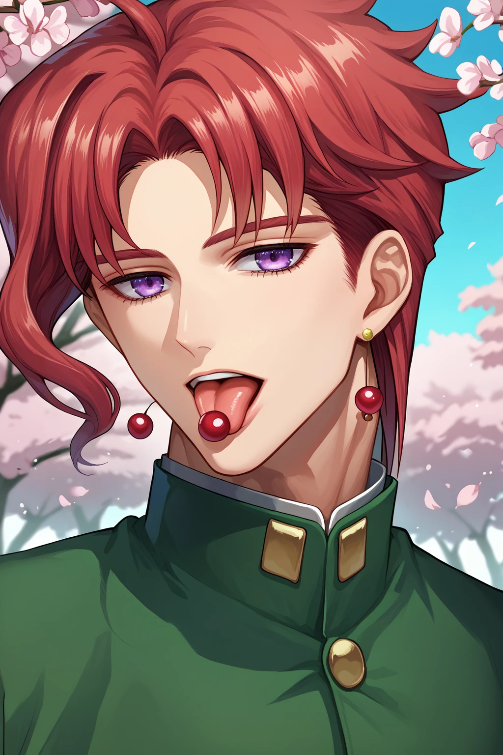 score_9, score_7_up, source_anime, close-up, looking at viewer, open mouth, tongue out, 1boy, kkn, purple eyes, short hair, cherry earrings, green gakuran, buttons, long sleeves, food in mouth, cherry, outdoors, cherry blossoms, <lora:Hoseki_JoJosBizarreAdventure_KakyoinNoriaki_PDXL_v1:1>