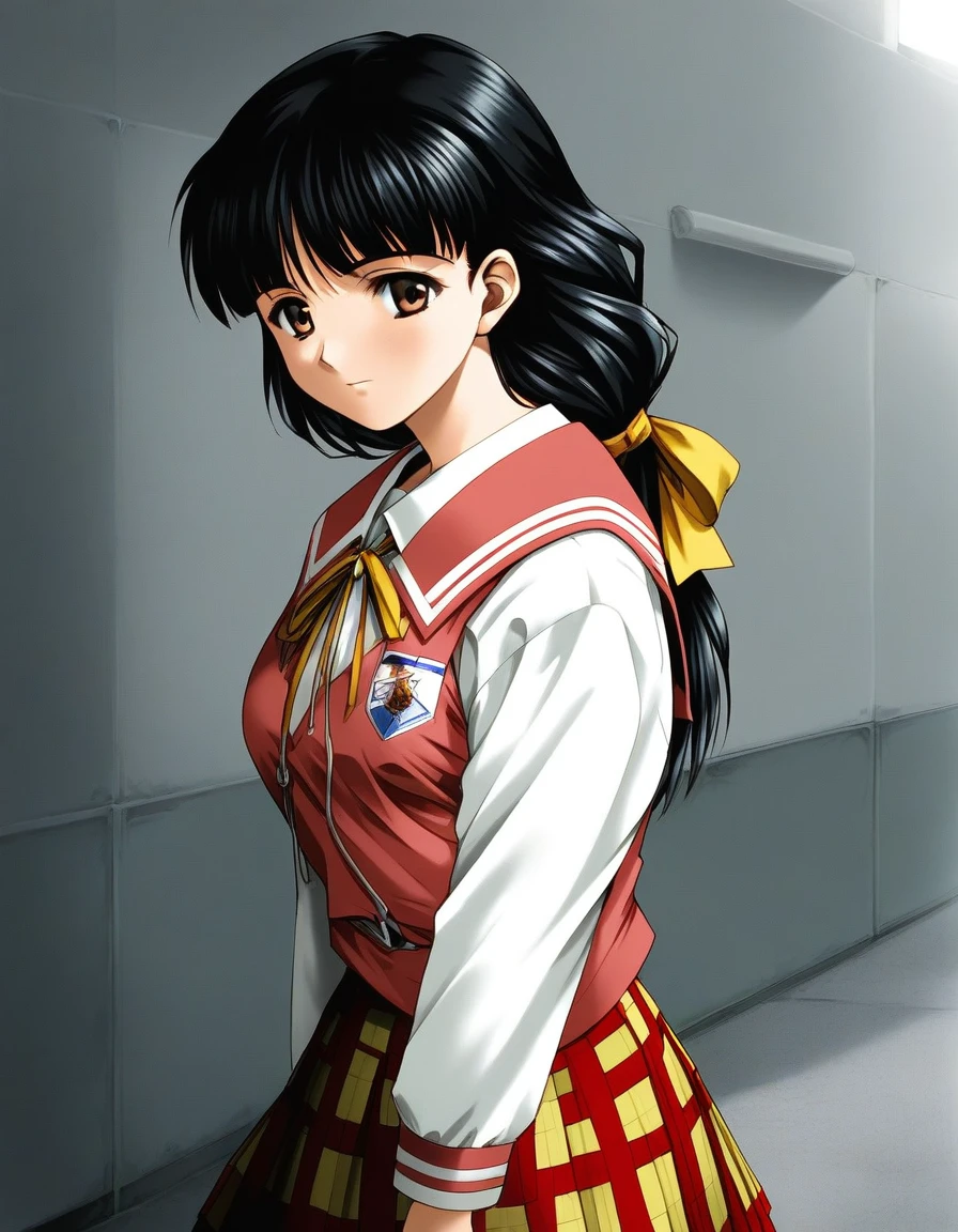 score_9, score_8_up, score_7_up, source_anime, rating_explicit, BREAK  <lora:Sakaki_Miyuki_XL:1> SakakiMiyuki, black hair, long hair, brown eyes, breasts, black eyes, hair ribbon, Yellow bow, low ponytail,
1girl, solo, school uniform, skirt, plaid skirt, plaid, long sleeves, ribbon, bow, 
upper body,
flooring, room,