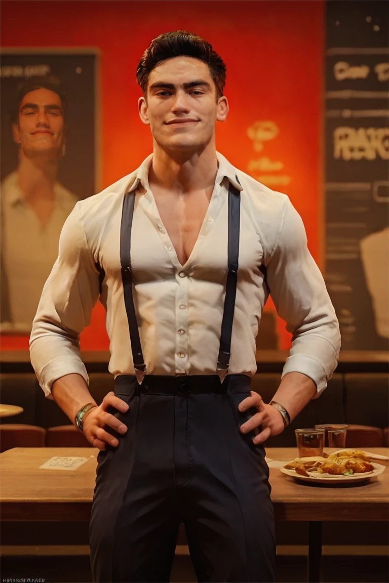 score_9, score_8, score_7, slim, male,1boy,sitting on restaurant at night, dress shirt, suspenders, pants, solo male,Mitch_saron, table, front view, 20yo, smirk, hands on hips<lora:EMS-439346-EMS:0.920000>