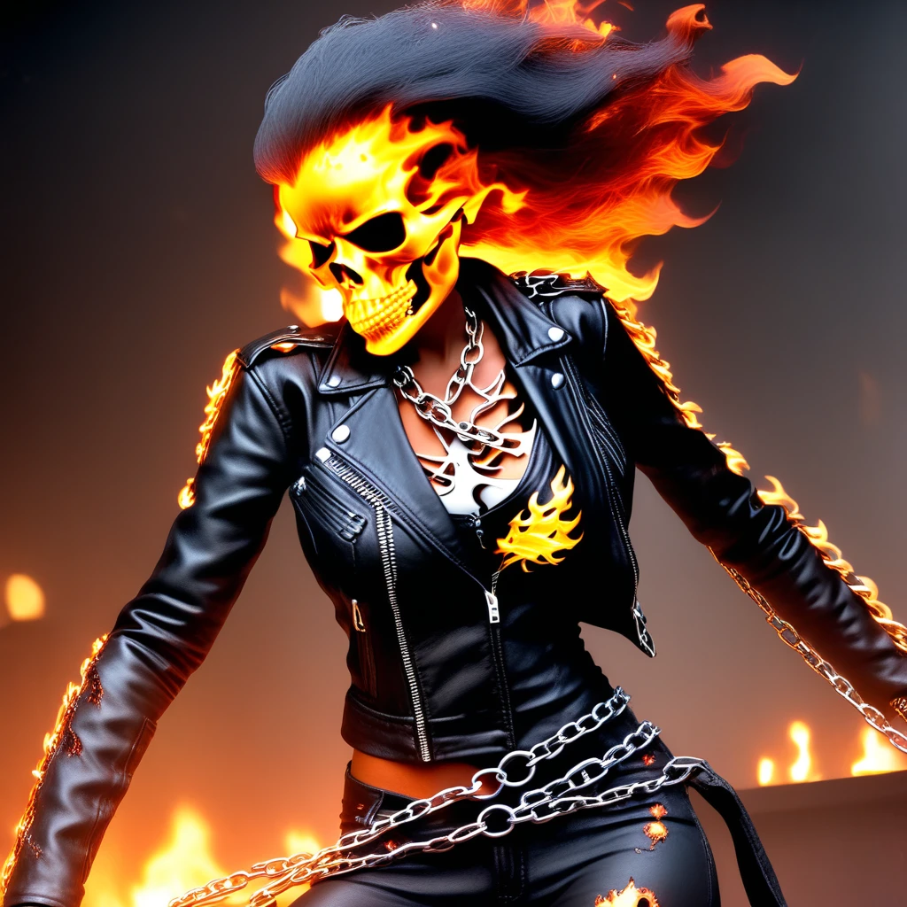 a female ghost rider taking the soul of her victim in a bar, torn leather jacket with a chain, flaming eyes