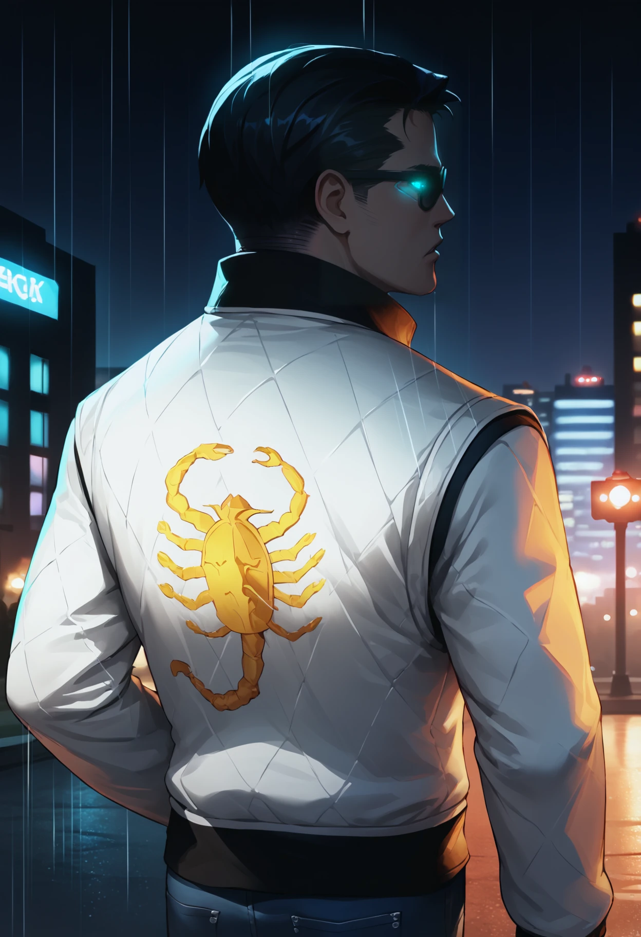 score_9, score_8_up, score_7_up, source_anime BREAK <lora:jcdenton-deusex-richy-v1_pdxl:1> 1boy, solo, male focus, standing, jde, sunglasses, black hair, short hair, , outdoors, city, dark, darkness, night, night sky, parted lips, rain, black background, <lora:drivejacket-outfit-richy-v1_pdxl:1> print jacket, white jacket, from behind, jeans, looking back, glowing eyes, cyberpunk