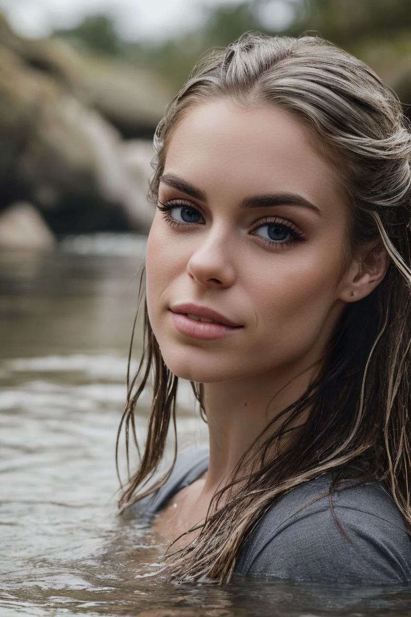 portrait of S492_BriLauren,a beautiful woman,in a (rocky river:1.1),wearing a (t-shirt),(wet hair),(4k, RAW photo, best quality, 50mm, depth of field, ultra high res:1.1),(intricate, photorealistic, cinematic-shot, masterpiece, ultra-detailed:1.1),