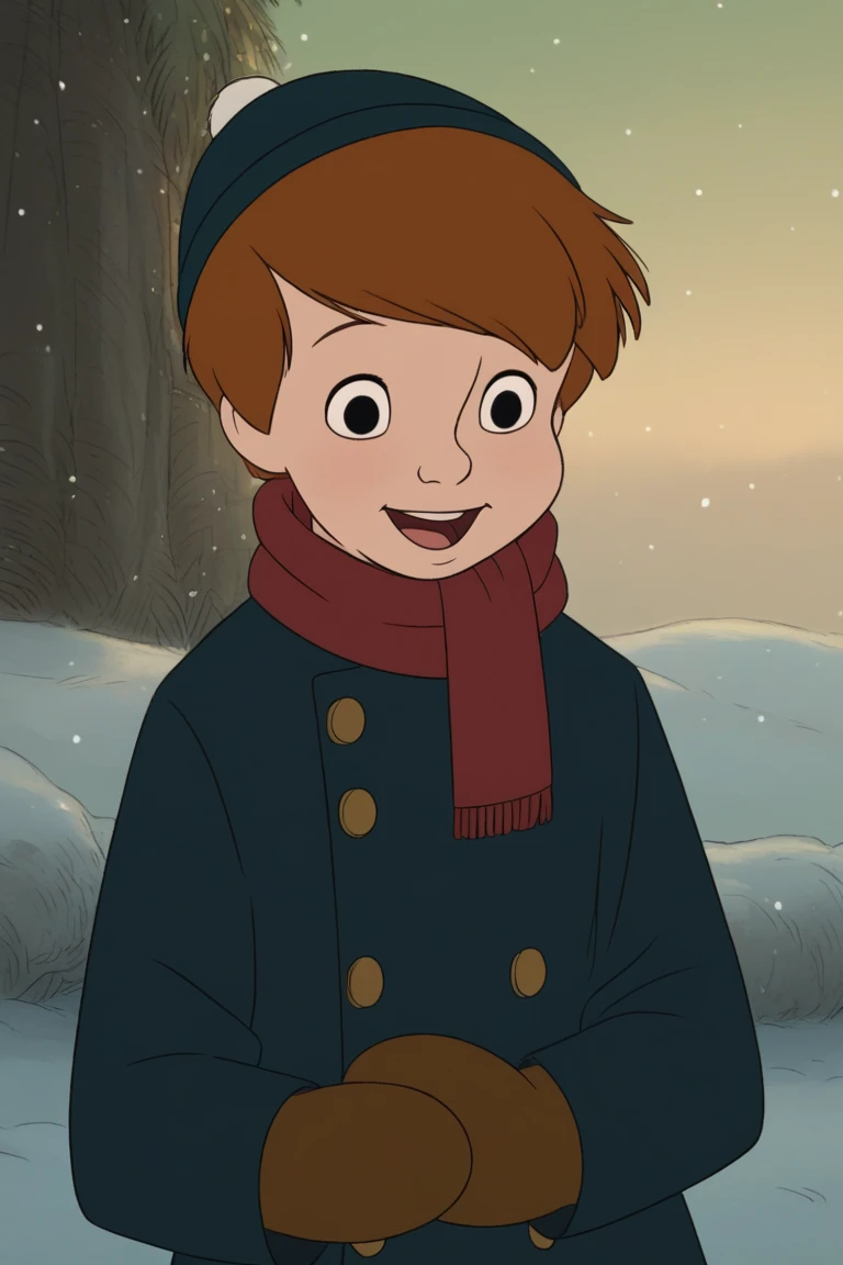 score_9, score_8_up, score_7_up, score_6_up, masterpiece, best quality, amazing quality, best aesthetic, absurdres, intricate details, cute face, source_anime, male focus, christopher_robin_2011, brown hair, black eyes, solo, 1boy, male focus, hat, snow, scarf, mittens, smile, coat, winter clothes, snowing, open mouth, gloves, outdoors, upper body<lora:EMS-443857-EMS:1.000000>